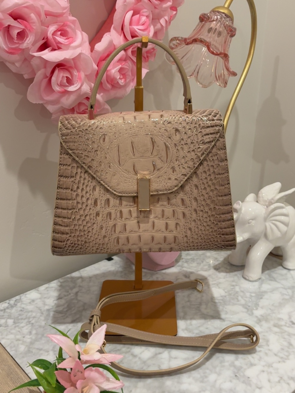 Beige Croc-Embossed Top-Handle Bag - Women Bags